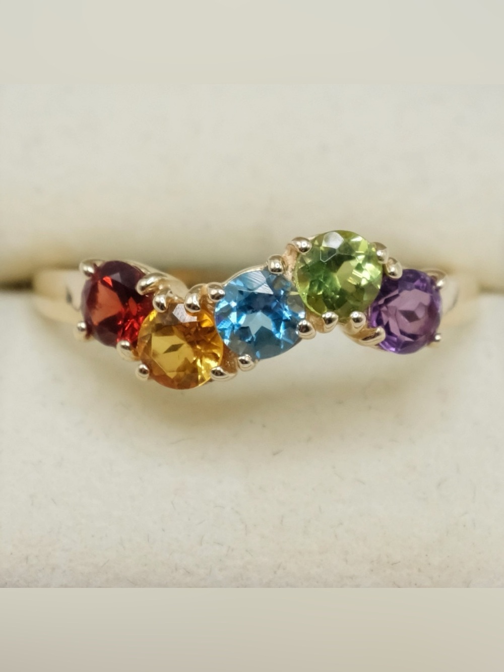 Vintage 14k Yellow Gold Topaz Peridot Garnet Amethyst Citrine Wave Ring Size 10